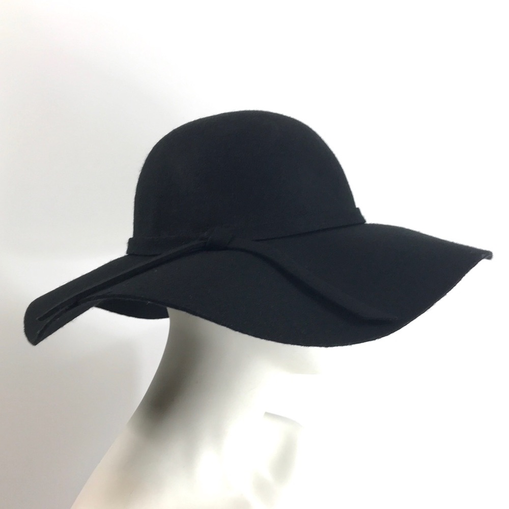NEW Floppy Wool Hat Wide Brim Ribbon Trim Black